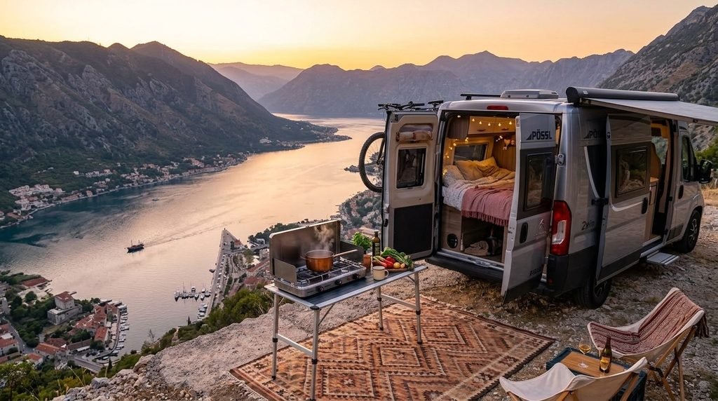 Pössl Kastenwagen Stellplatz beim Freistehen mit Blick auf die Bucht von Kotor in Montenegro