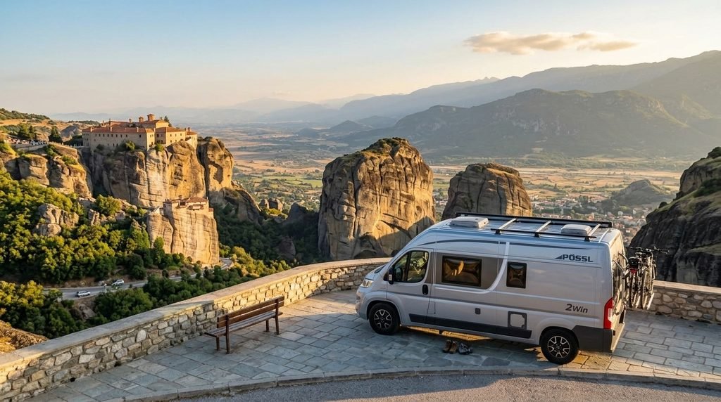 Pössl Camper Van geparkt an einem Aussichtspunkt bei den Meteora Klöstern in Griechenland