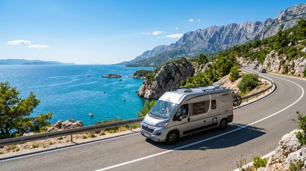 Pössl Camper Van fährt entlang der Adriaküste in Richtung Balkan